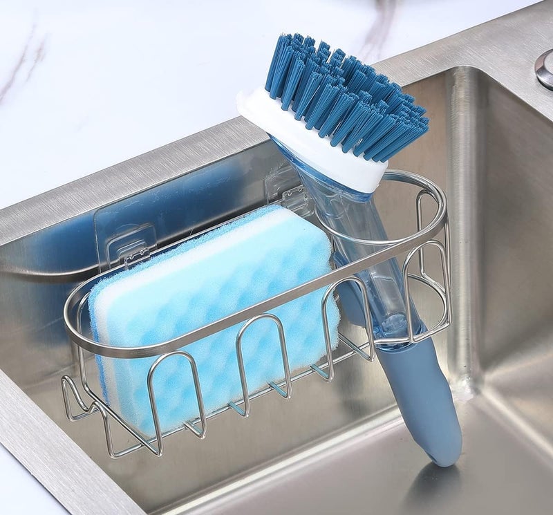 TESOT Sink Caddy Sponge Holder for Kitchen Sink 2 Suspension Options(Suction Cups and Adhesive Hook), SUS304 Stainless Steel, Silver - Image 4